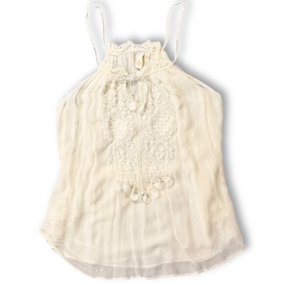 Andree DeLair‎ Anthropologie Embroidered Tunic Tassel Ethereal Boho Halter Top L - Picture 6 of 9